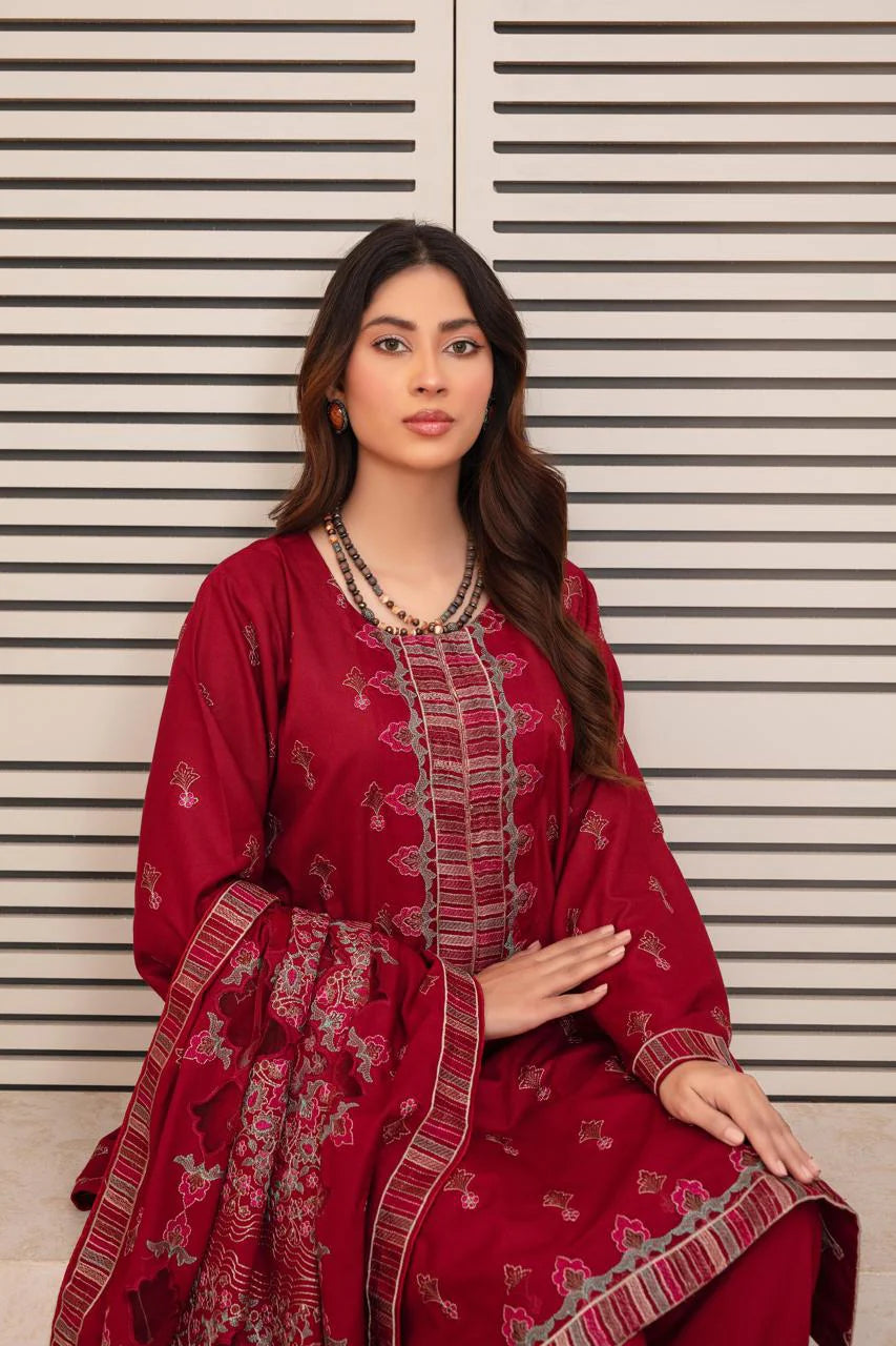 ELAAN.PK -3PC DHANAK EMBROIDERED SHIRT WITH DHANAK HEAVY CUTWORK EMBROIDERED SHAWL AND TROUSER-EP-001