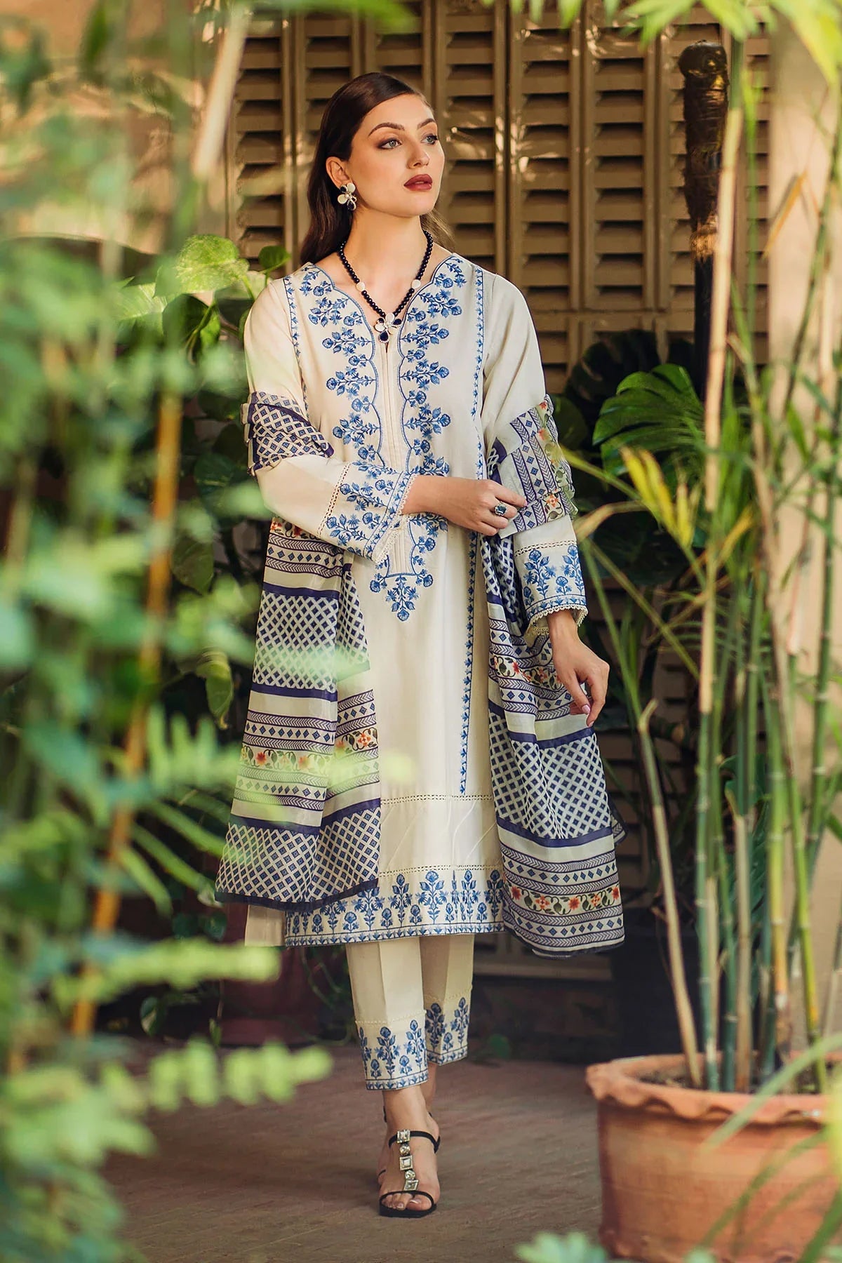 ZIVA - 3PC DHANAK EMBROIDERED SHIRT WITH TWILL PRINTED SHAWL & EMB TROUSER-EP-5507