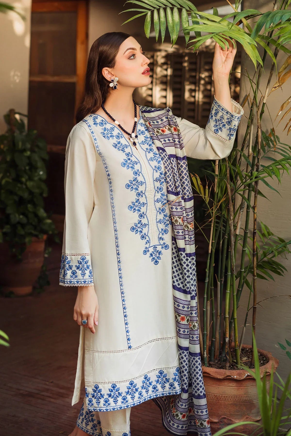 ZIVA - 3PC DHANAK EMBROIDERED SHIRT WITH TWILL PRINTED SHAWL & EMB TROUSER-EP-5507