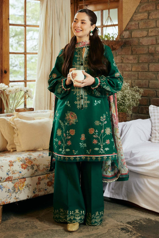 ZAHRA SHAHJAHAN- 3PC DHANAK EMBROIDERED SHIRT WITH PASHMINA PRINTED SHAWL EMB DHANAK TROUSER-EP-5250