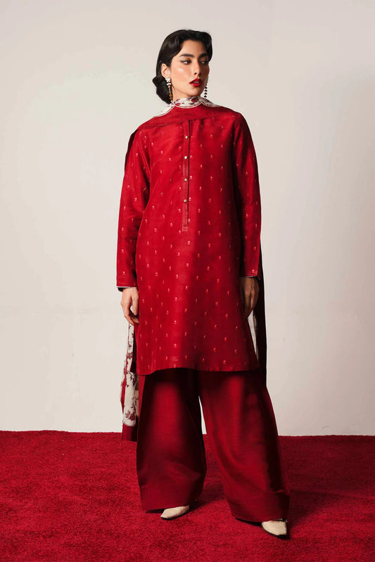 ZARA SHAHJAHAN - 3PC DHANAK EMBROIDERED SHIRT WITH KOTARAI PRINTED SHAWL AND DHANAK TROUSER- EP-5012