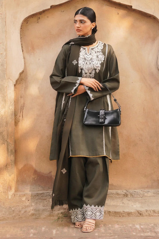 ZARASHAHJAHAN-3PC DHANAK EMBROIDERED SHIRT WITH DHANAK EMBROIDERED SHAWL & EMB TROUSER- EP-5058