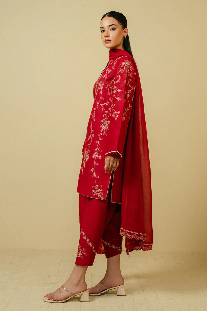 ZAHRA SHAHJAHAN - 3PC DHANAK EMBROIDERED SHIRT DHANAK EMBROIDERED SHAWL & TROUSER-EP-5381