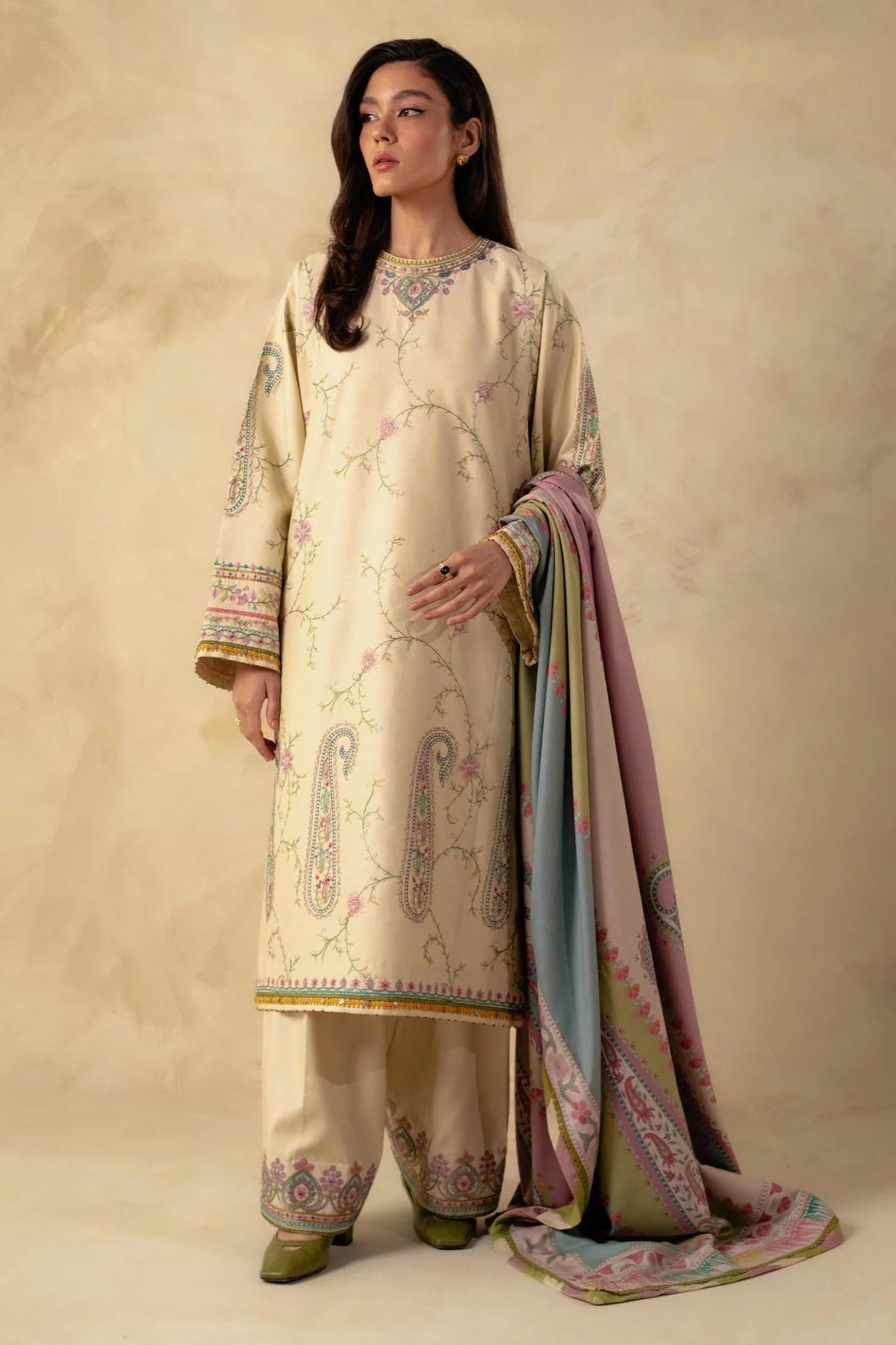 ZARASHAHJAHAN - 3PC DHANAK EMBROIDERED SHIRT WITH WOOL PRINT SHAWL AND DHANAK EMBROIDERED TROUSER- EP-5010