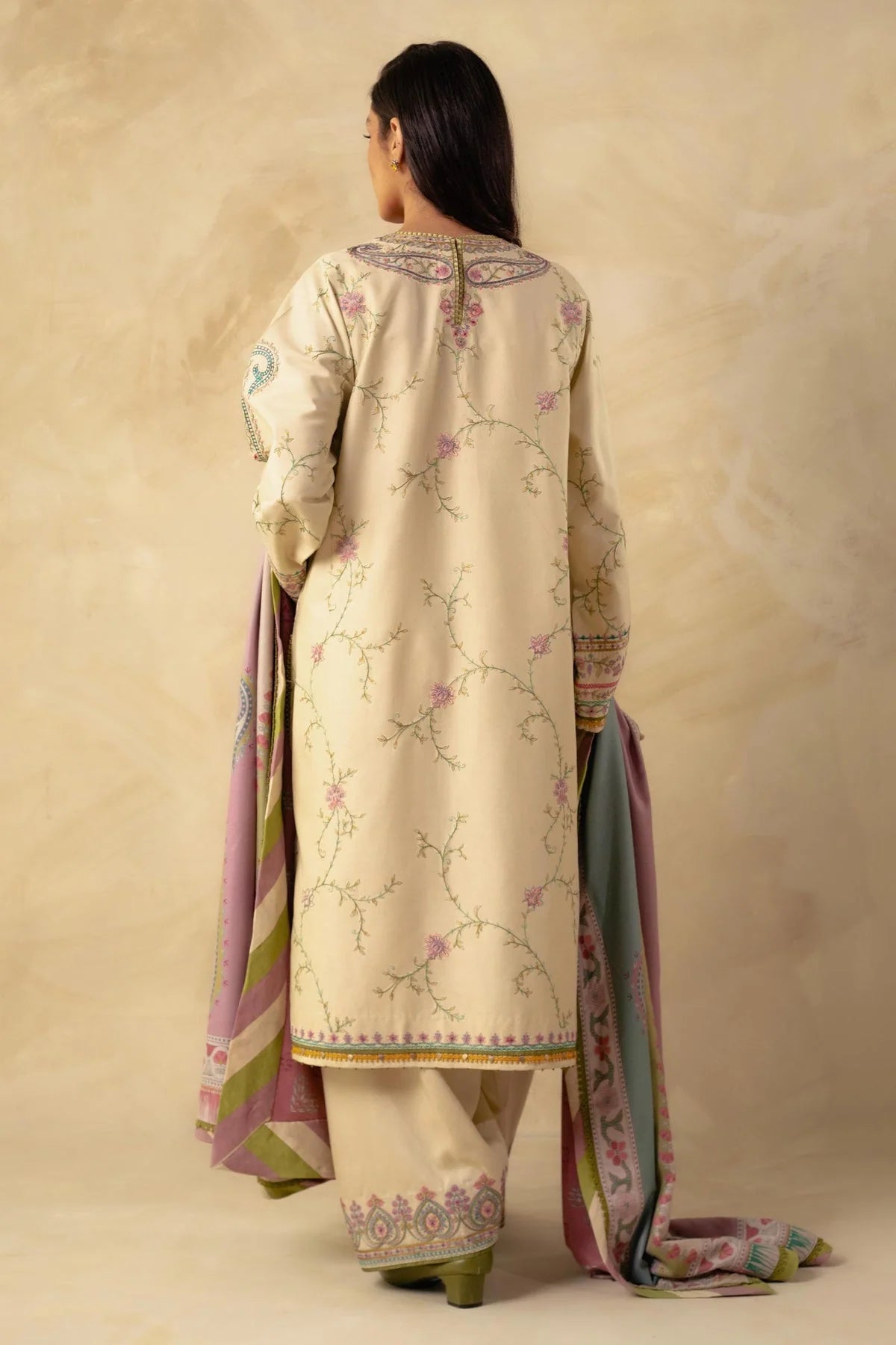 ZARASHAHJAHAN - 3PC DHANAK EMBROIDERED SHIRT WITH WOOL PRINT SHAWL AND DHANAK EMBROIDERED TROUSER- EP-5010