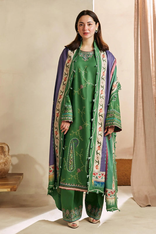 ZARASHAHJAHAN_3PC DHANAK EMBROIDERED SHIRT WITH TWILL PRINTED SHAWL & TROUSER -EP-5009 (GREEN)