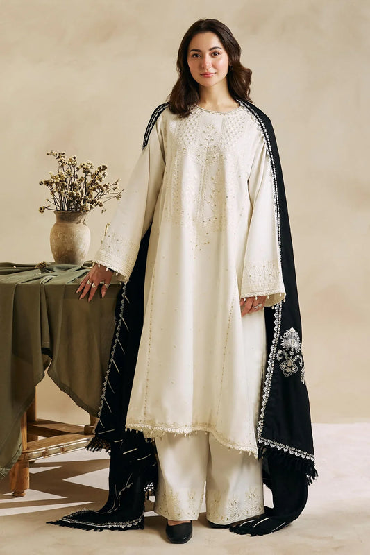 ZARASHAHJAHAN-3PC DHANAK EMBROIDERED SHIRT WITH DHANAK EMBROIDERED  SHAWL AND DHANAK TROUSER- EP-5065