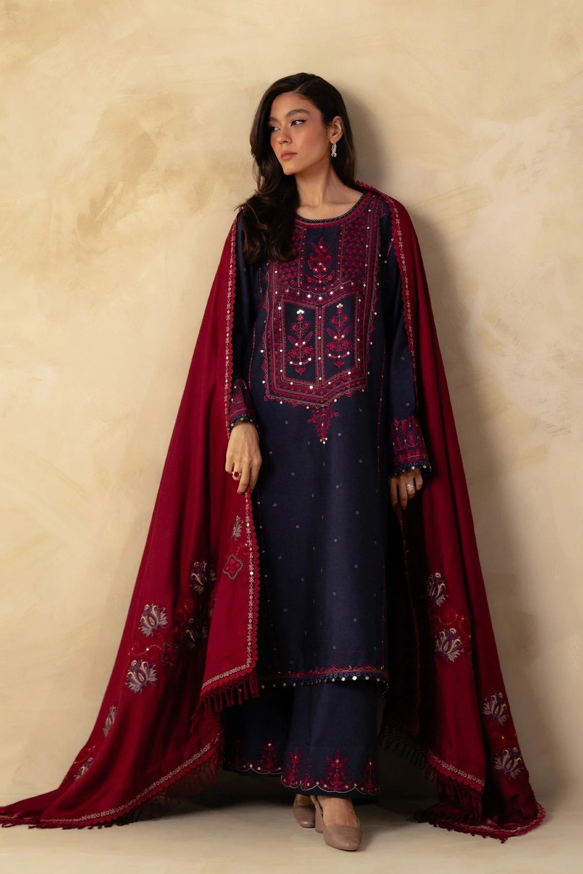 ZARA SHAH JAHAN - 3PC DHANAK EMBROIDERED SHIRT WITH DHANAK EMBROIDERED SHAWL & TROUSER-EP-5447