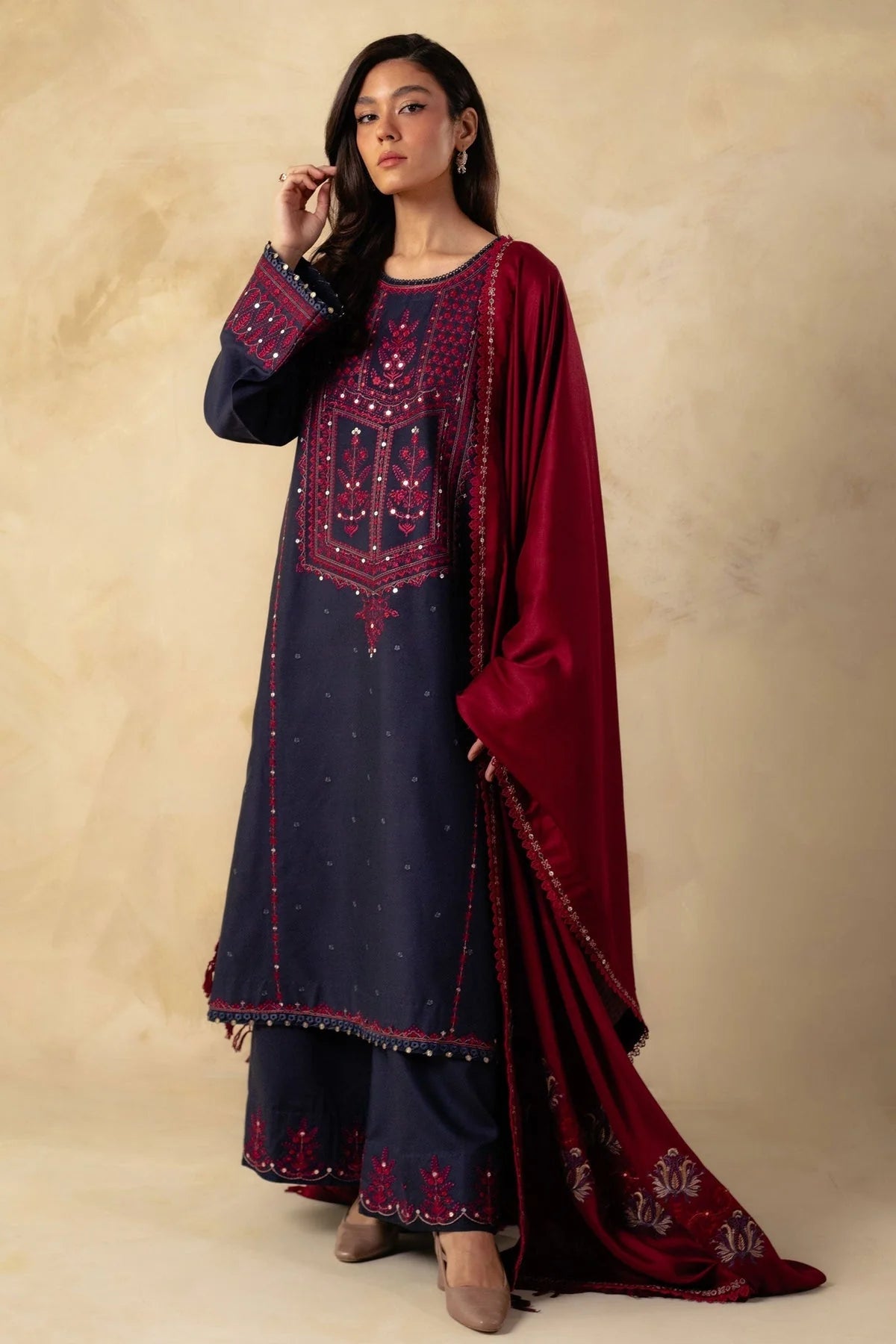 ZARA SHAH JAHAN - 3PC DHANAK EMBROIDERED SHIRT WITH DHANAK EMBROIDERED SHAWL & TROUSER-EP-5447