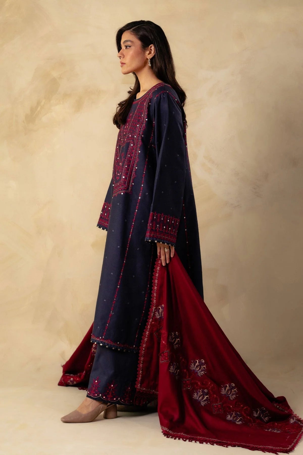 ZARA SHAH JAHAN - 3PC DHANAK EMBROIDERED SHIRT WITH DHANAK EMBROIDERED SHAWL & TROUSER-EP-5447