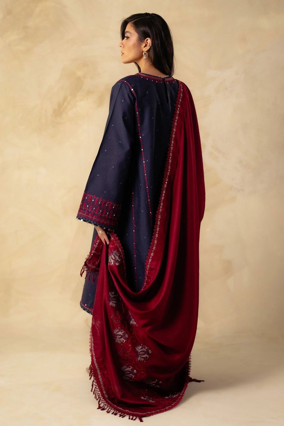 ZARA SHAH JAHAN - 3PC DHANAK EMBROIDERED SHIRT WITH DHANAK EMBROIDERED SHAWL & TROUSER-EP-5447