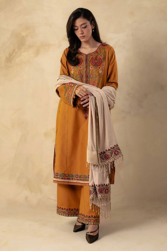 ZARASHAHJAHAN - 3PC DHANAK HEAVY EMBROIDERED SHIRT WITH DHANAK EMBROIDERED SHAWL AND EMB DHANAK TROUSER- EP-5052