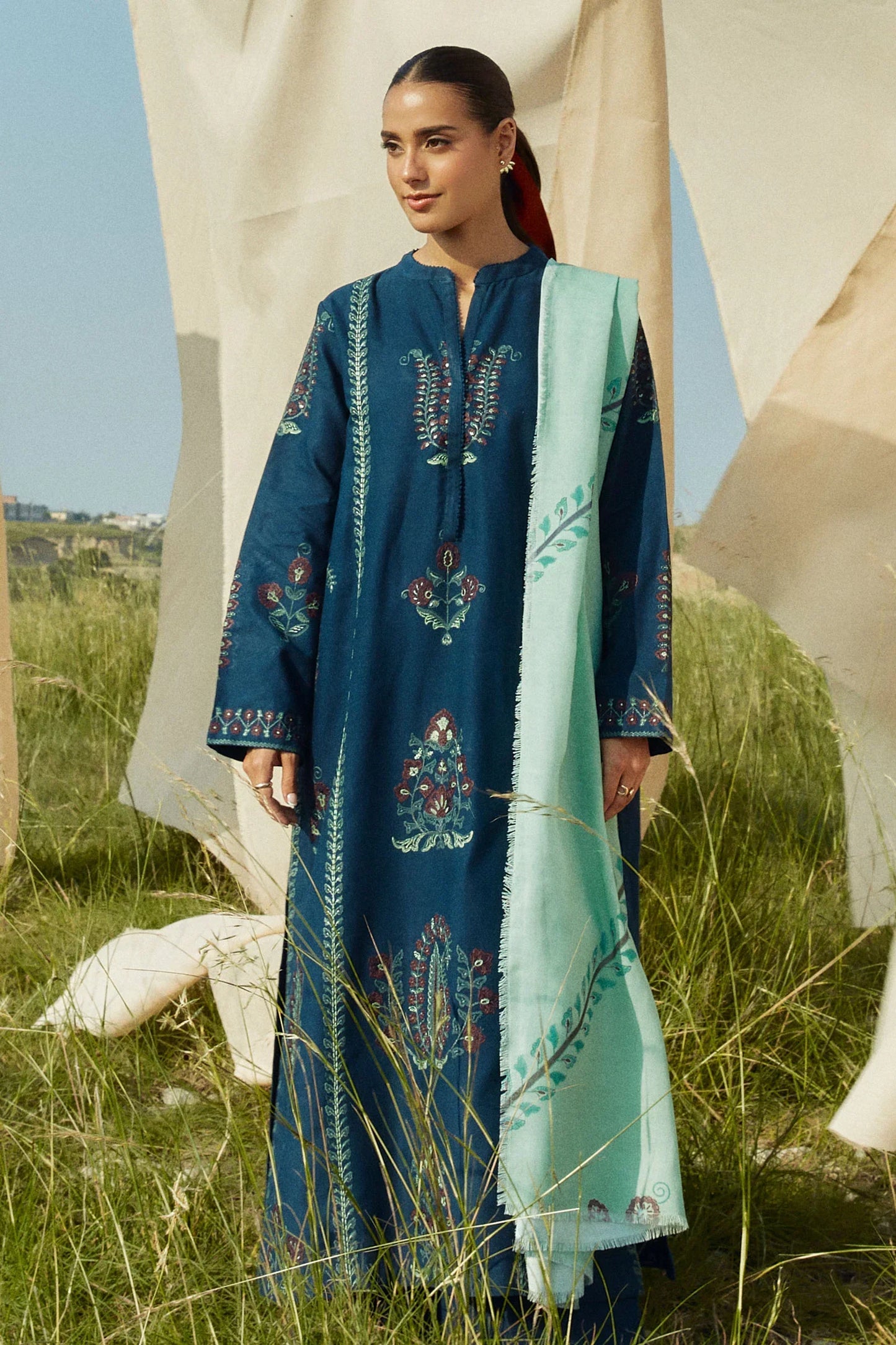 ZARA SHAHJAHAN - 3PC KHADDAR EMBROIDERED SHIRT WITH WOOL PRINTED SHAWL & TROUSER-EP-5436