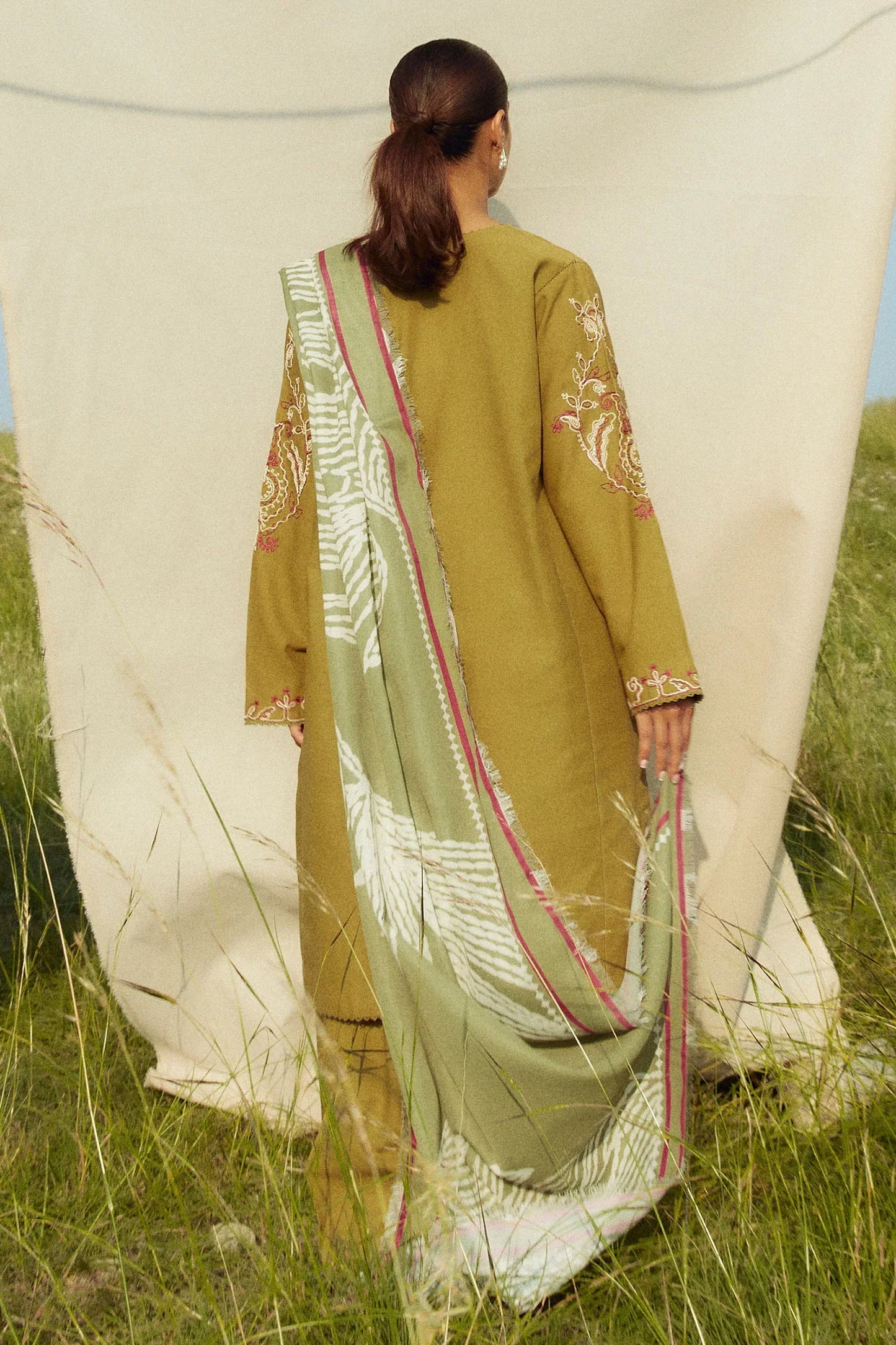 ZARA SHAHJAHAN - 3PC DHANAK EMBROIDERED SHIRT WITH COUTURE PRINTED SHAWL & TROUSER-EP-5435