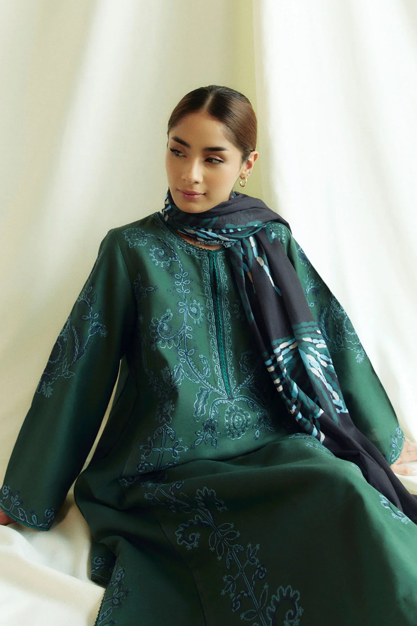 ZARA SHAHJAHAN - 3PC KHADDAR EMBROIDERED SHIRT WITH COUTURE PRINTED SHAWL & TROUSER-EP-5431