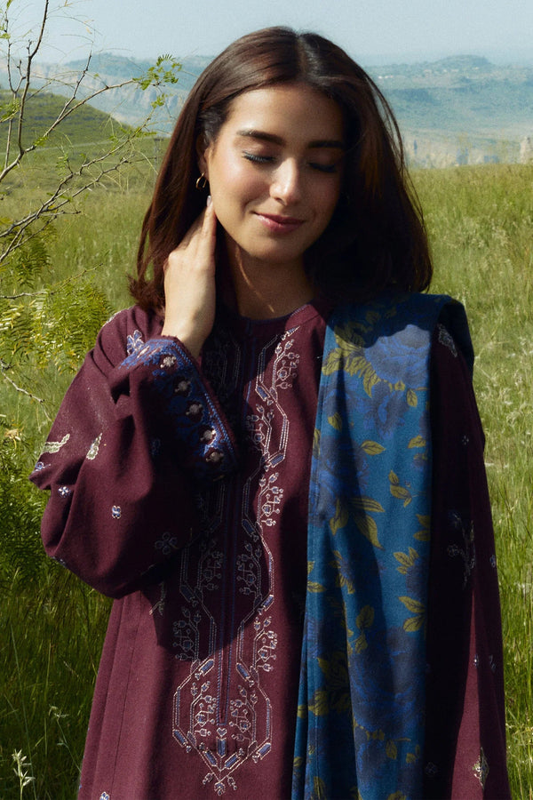 ZARA SHAHJAHAN- 3PC DHANAK EMBROIDERED SHIRT WITH WOOL PRINT SHAWL & TROUSER-EP-5445