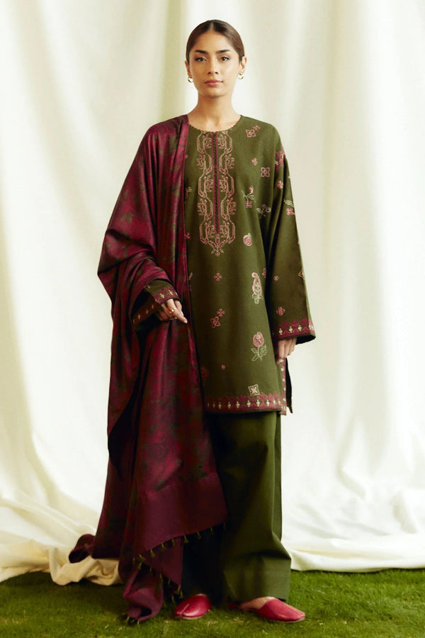 ZARA SHAHJAHAN- 3PC DHANAK EMBROIDERED SHIRT WITH WOOL PRINT SHAWL & TROUSER-EP-5444