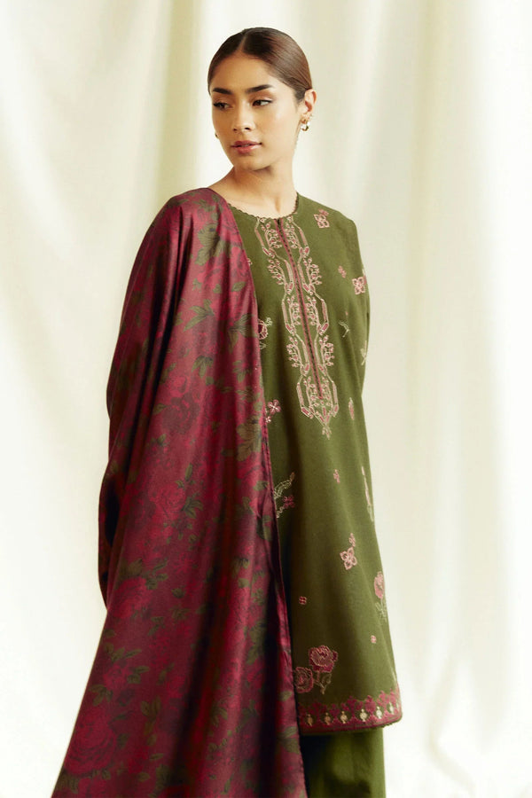 ZARA SHAHJAHAN- 3PC DHANAK EMBROIDERED SHIRT WITH WOOL PRINT SHAWL & TROUSER-EP-5444