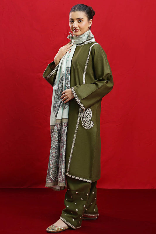 URGE-3PC DHANAK EMBROIDERED SHIRT WITH TWILL PRINTED SHAWL & TROUSER-EP-5449