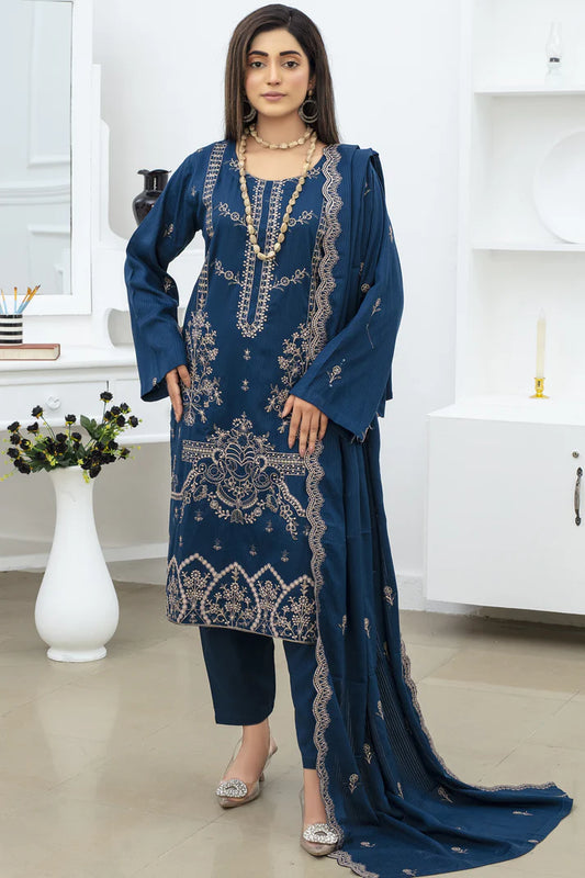 ELAAN.PK -3PC DHANAK EMBROIDERED SHIRT WITH DHANAK EMBROIDERED SHAWL & DHANAK TROUSER -EP-5347