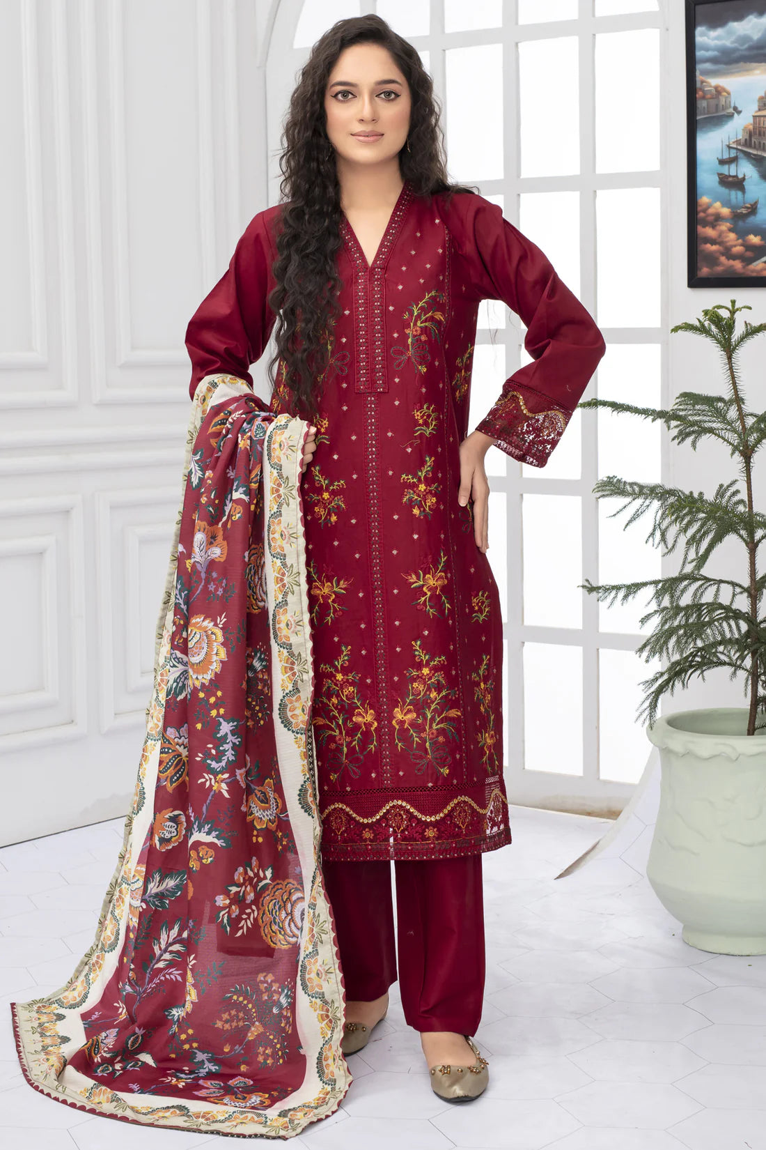 ELAAN.PK -WINTER COTTON 3PC EMBROIDERED SHIRT WITH DORIA PRINTED SHAWL-EP-2004