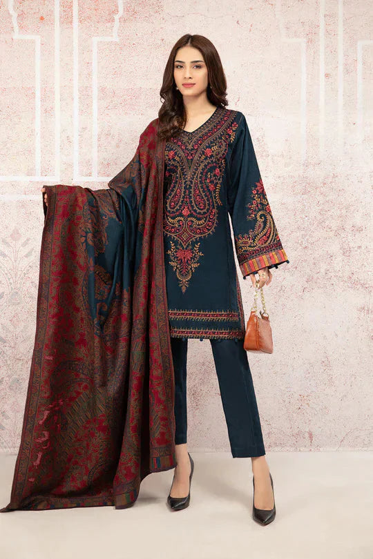 MARIA B-3PC DHANAK EMBROIDRED SHIRT WITH WOOL PRINT SHAWL AND TROUSER-EP-5409