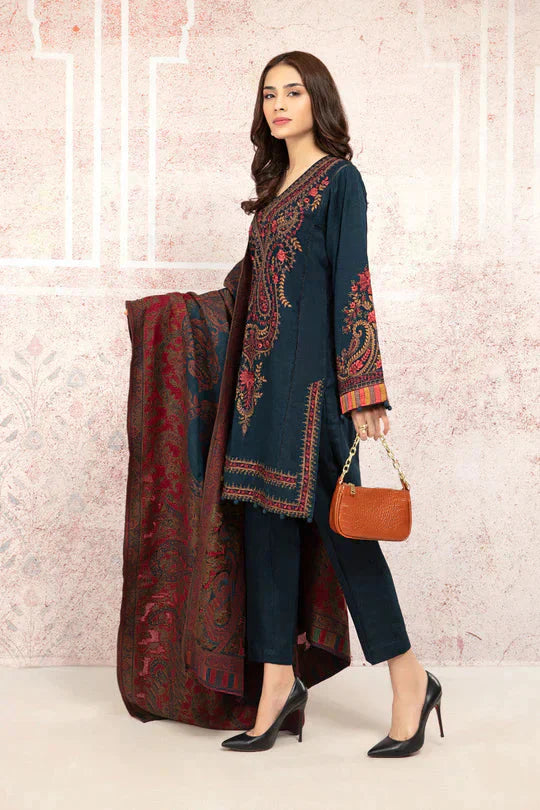 MARIA B-3PC DHANAK EMBROIDRED SHIRT WITH WOOL PRINT SHAWL AND TROUSER-EP-5409