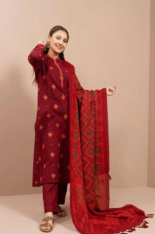 KAYSERIA- 3PC DHANAK EMBROIDERED SHIRT WITH PASHMINA WOOL PRINT SHAWL & TROUSER- EP-5091