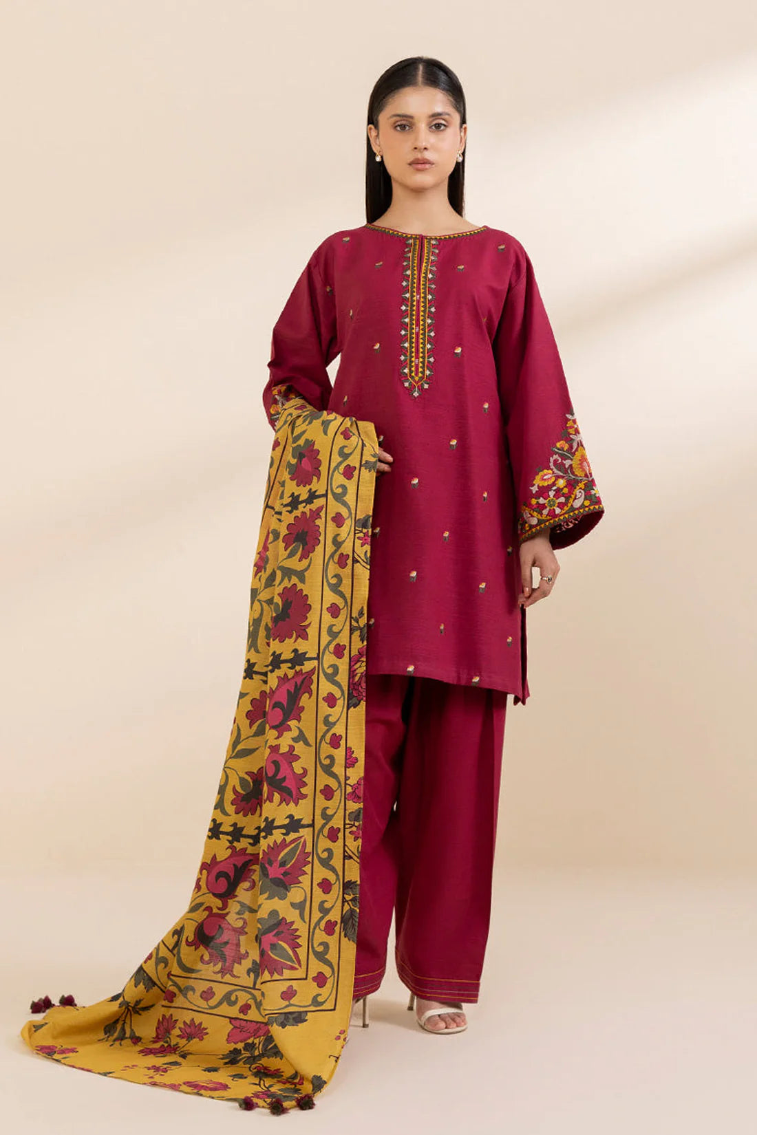 SAPPHIRE- 3PC KHADDAR EMBROIDERED SHIRT WITH TWILL PRINT SHAWL & TROUSER-EP-5483