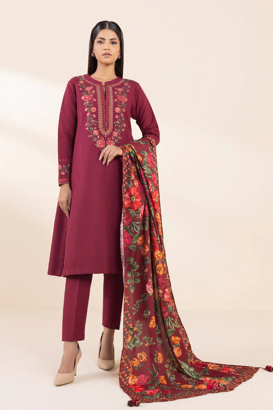 SAPPHIRE- 3PC DHANAK EMBROIDERED SHIRT WITH TWILL PRINT SHAWL & TROUSER-EP-5487