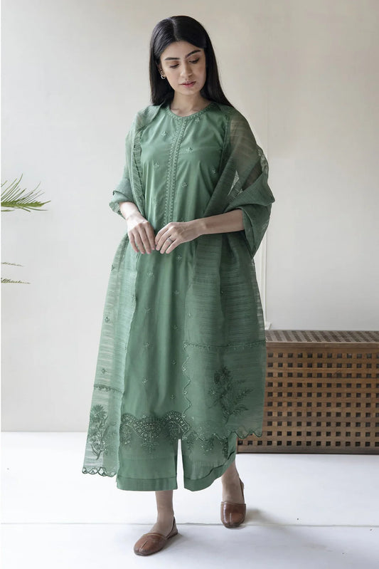 DYOT - 3PC DHANAK EMBROIDERED SHIRT WITH ORGANZA EMBROIDERED DUPATTA & TROUSER-EP-2655