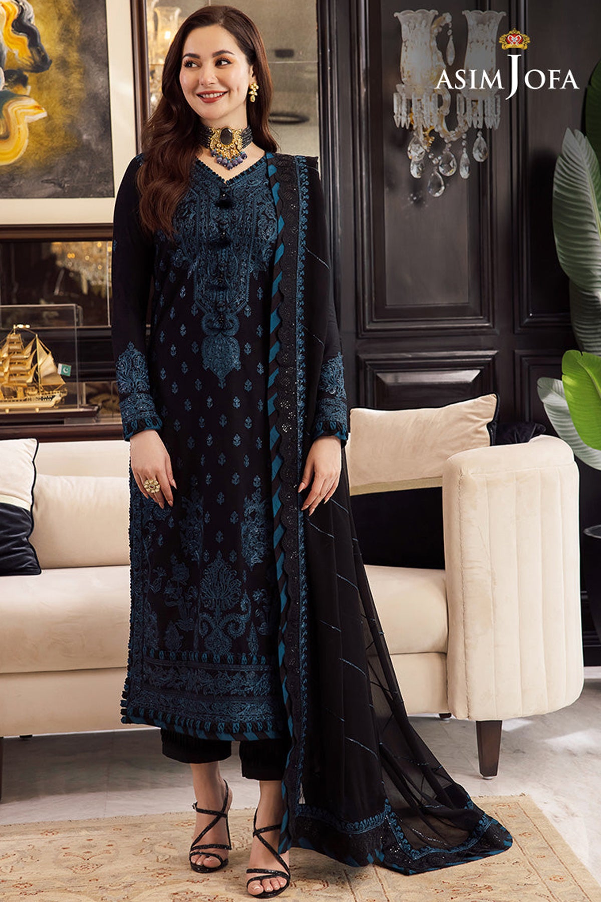 ASIM JOFA- 3PC DHANAK EMBROIDERED SHIRT WITH BAMBER CHIFFON EMBROIDERED DUPATTA AND TROUSER-EP-5196