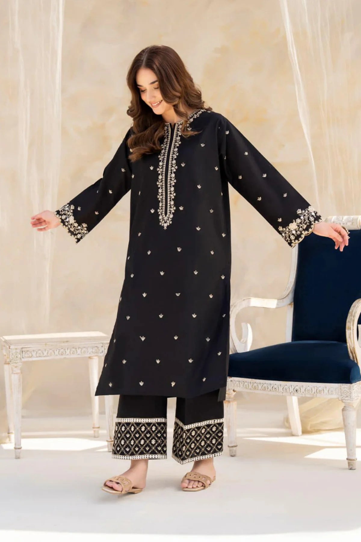 RIWAJ TAN 2PC EMBROIDERED SHIRT WITH EMBROIDERED SLEEVES WITH EMBROIDERED TROUSER - EP- 5294