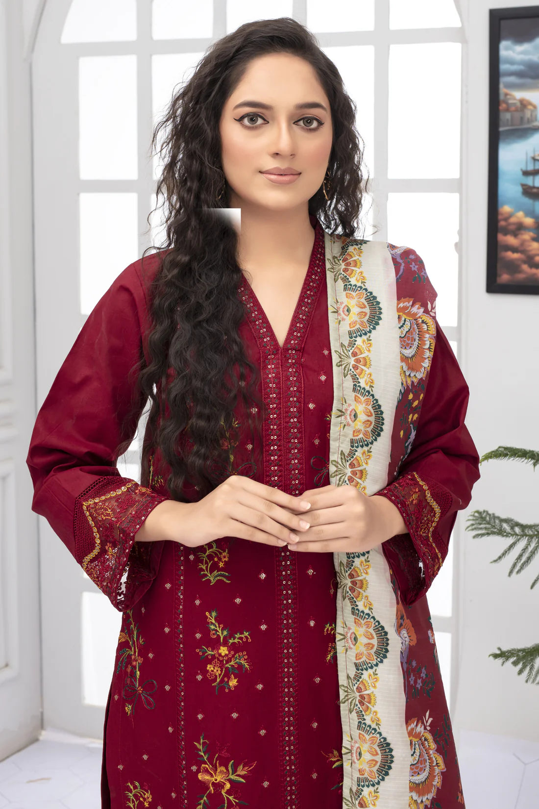 ELAAN.PK -WINTER COTTON 3PC EMBROIDERED SHIRT WITH DORIA PRINTED SHAWL-EP-2004