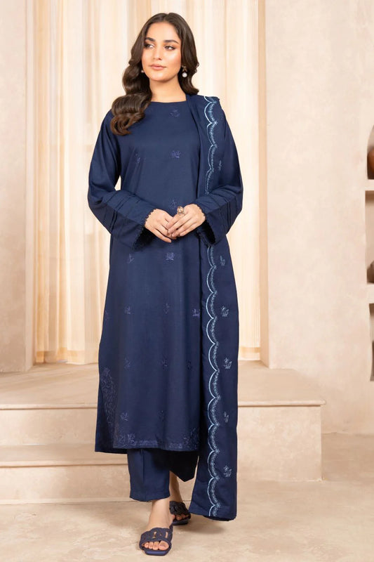 LAZULI-3PC EMBROIDERED SHIRT WITH DHANAK EMBROIDERED SHAWL & TROUSER-EP-5451