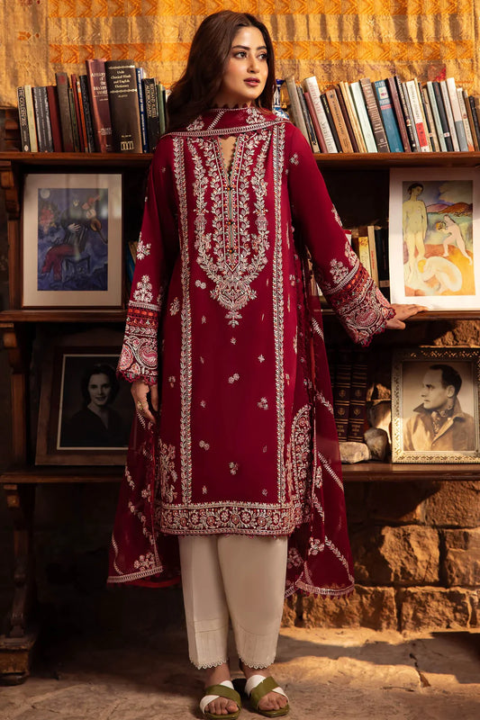 ZAHA-3PC DHANAK EMBROIDERED SHIRT WITH BAMBER CHIFFON EMBROIDRED DUPATTA & TROUSER-EP-5181