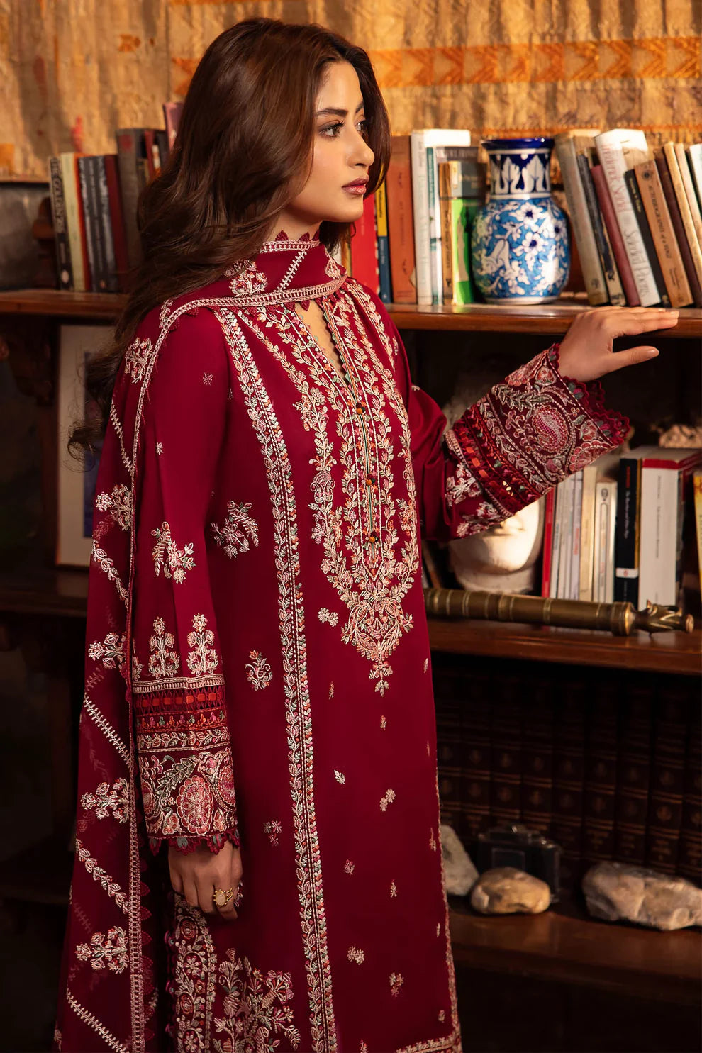 ZAHA-3PC DHANAK EMBROIDERED SHIRT WITH BAMBER CHIFFON EMBROIDRED DUPATTA & TROUSER-EP-5181