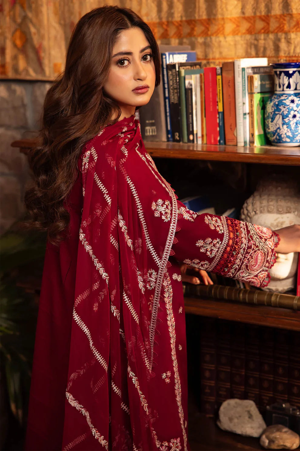 ZAHA-3PC DHANAK EMBROIDERED SHIRT WITH BAMBER CHIFFON EMBROIDRED DUPATTA & TROUSER-EP-5181