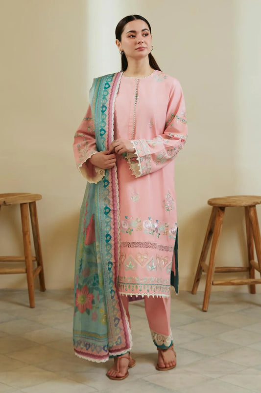 ZARA SHAHJAHAN- 3PC LAWN EMBROIDERED SHIRT WITH DIAMOND PRINTED  DUPATTA-EP-5218